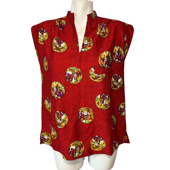 Vtg 70s Red Asian Motif Print Floral Colorful Cap Sleeve Blouse Polyester Size L - Picture 1 of 4